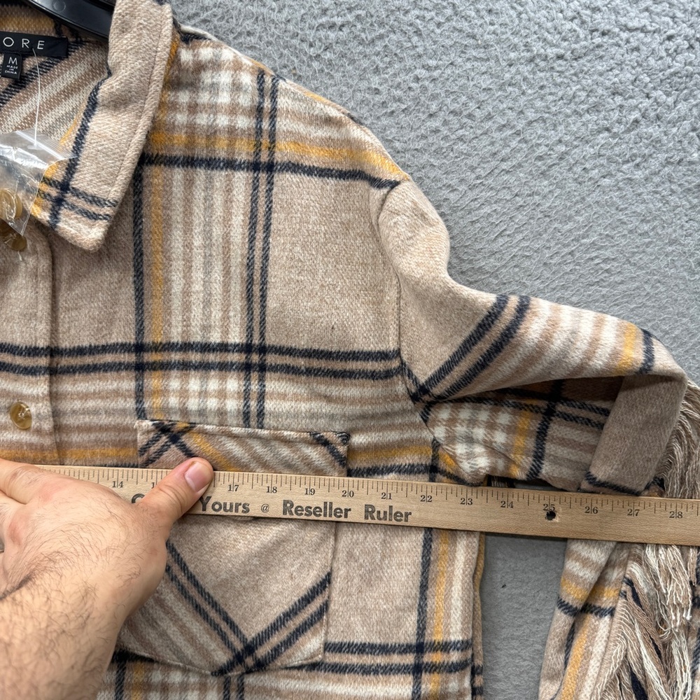 Fore Shacket Beige Plaid Fringe Button up Long Sleeve Pockets Western Women’s M - Picture 3 of 14
